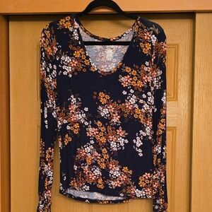 Navy Floral Long Sleeve Women's Stretchy Tee